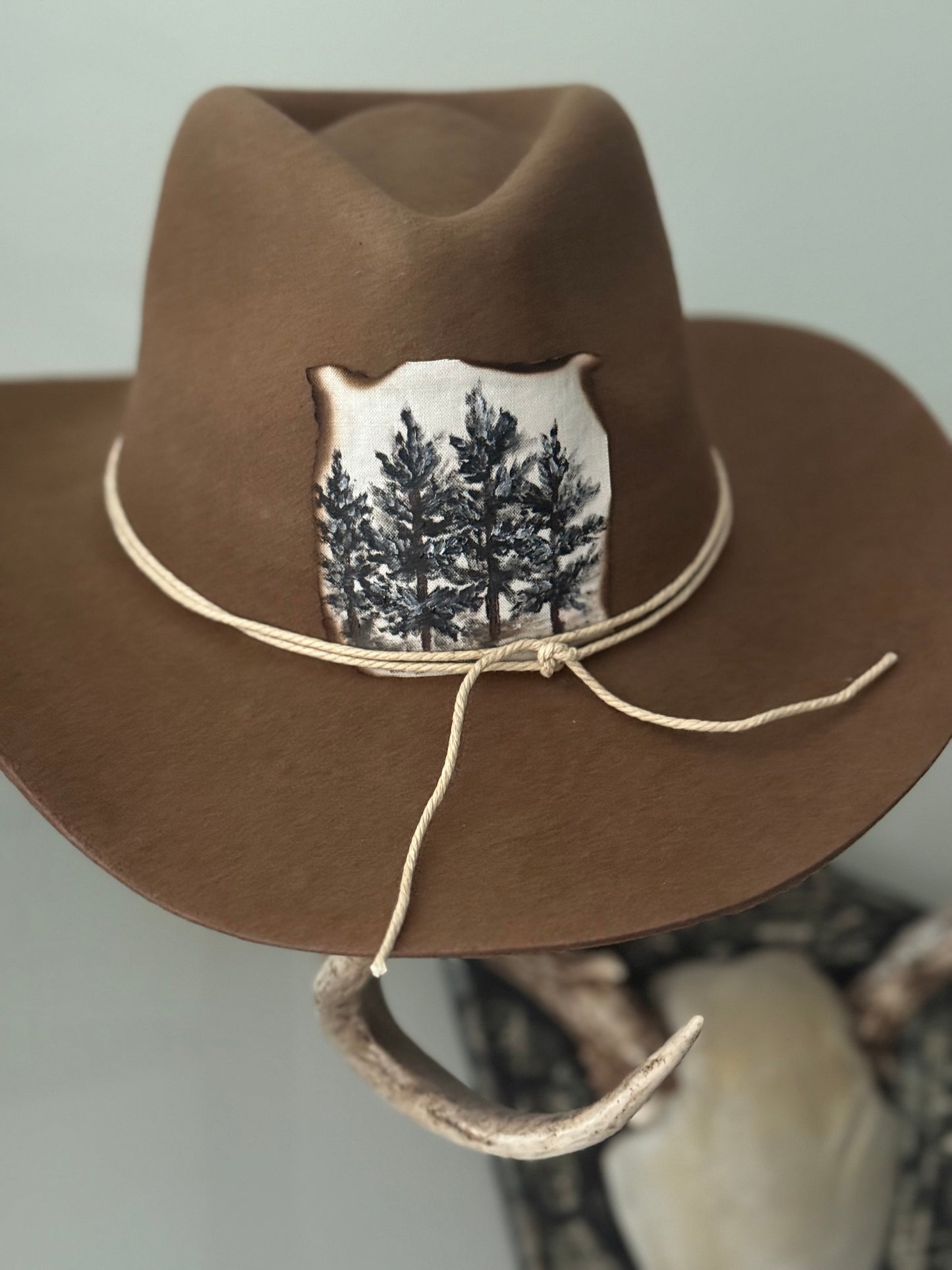 Hand painted brown felt large brimmed hat