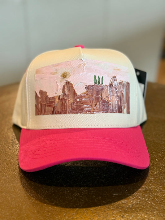 Hand painted canvas trucker hat - cream and bright pink