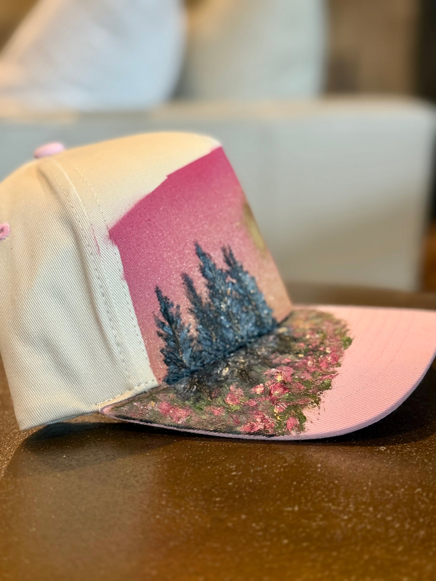 Hand painted trucker hat - cream and light pink