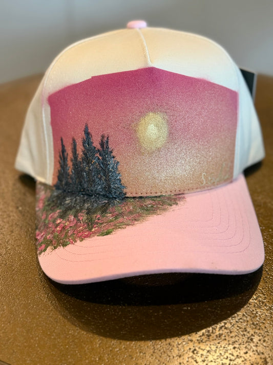 Hand painted trucker hat - cream and light pink