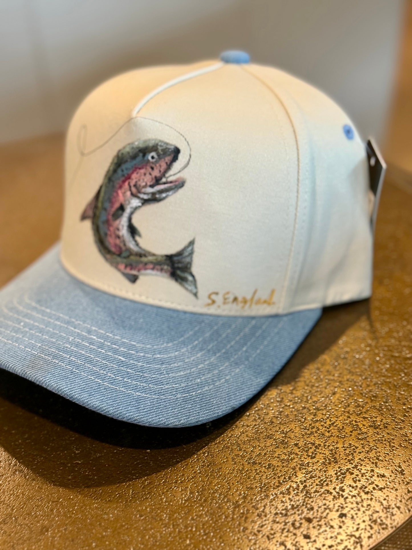 Hand painted trucker hat - denim and cream