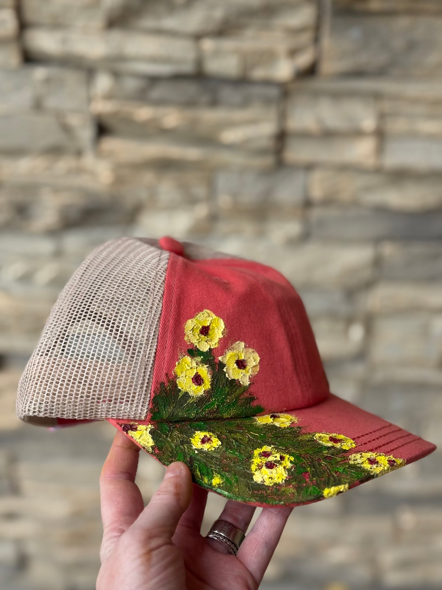 hand painted baseball hat - coral