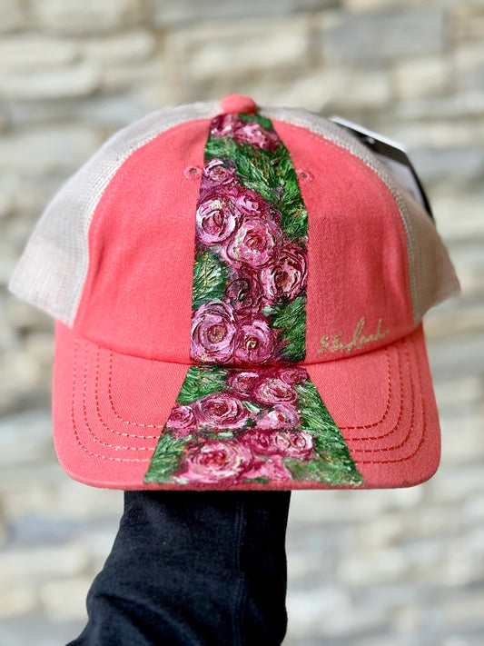 Bring out your girlie side with this hand painted CC baseball hat - coral