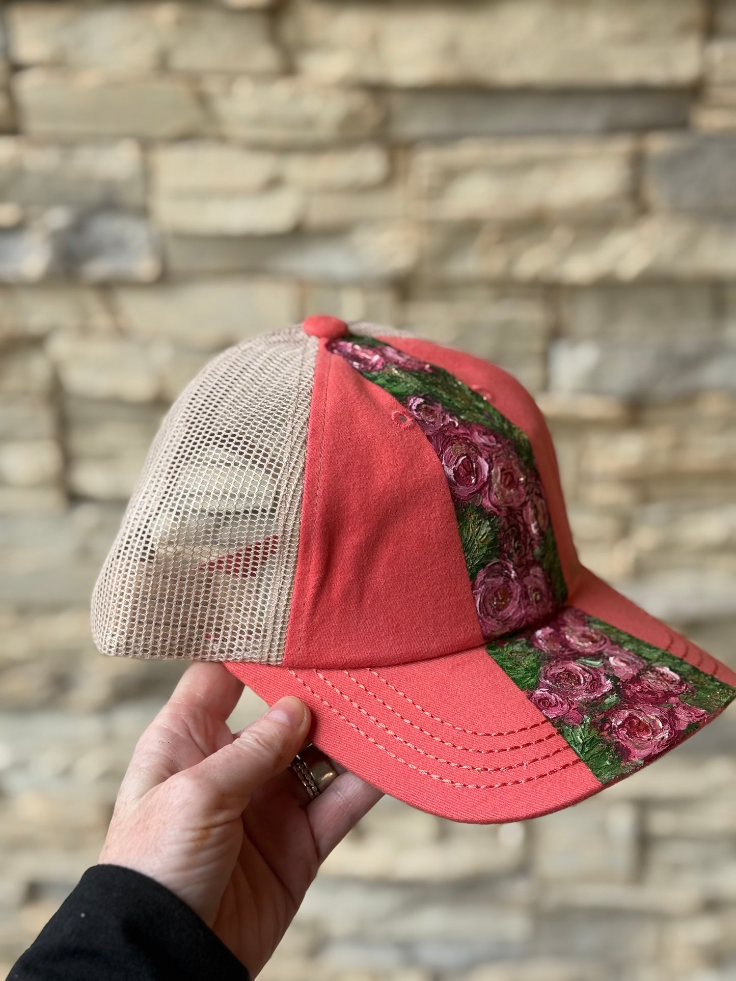 Hand painted baseball hat - coral