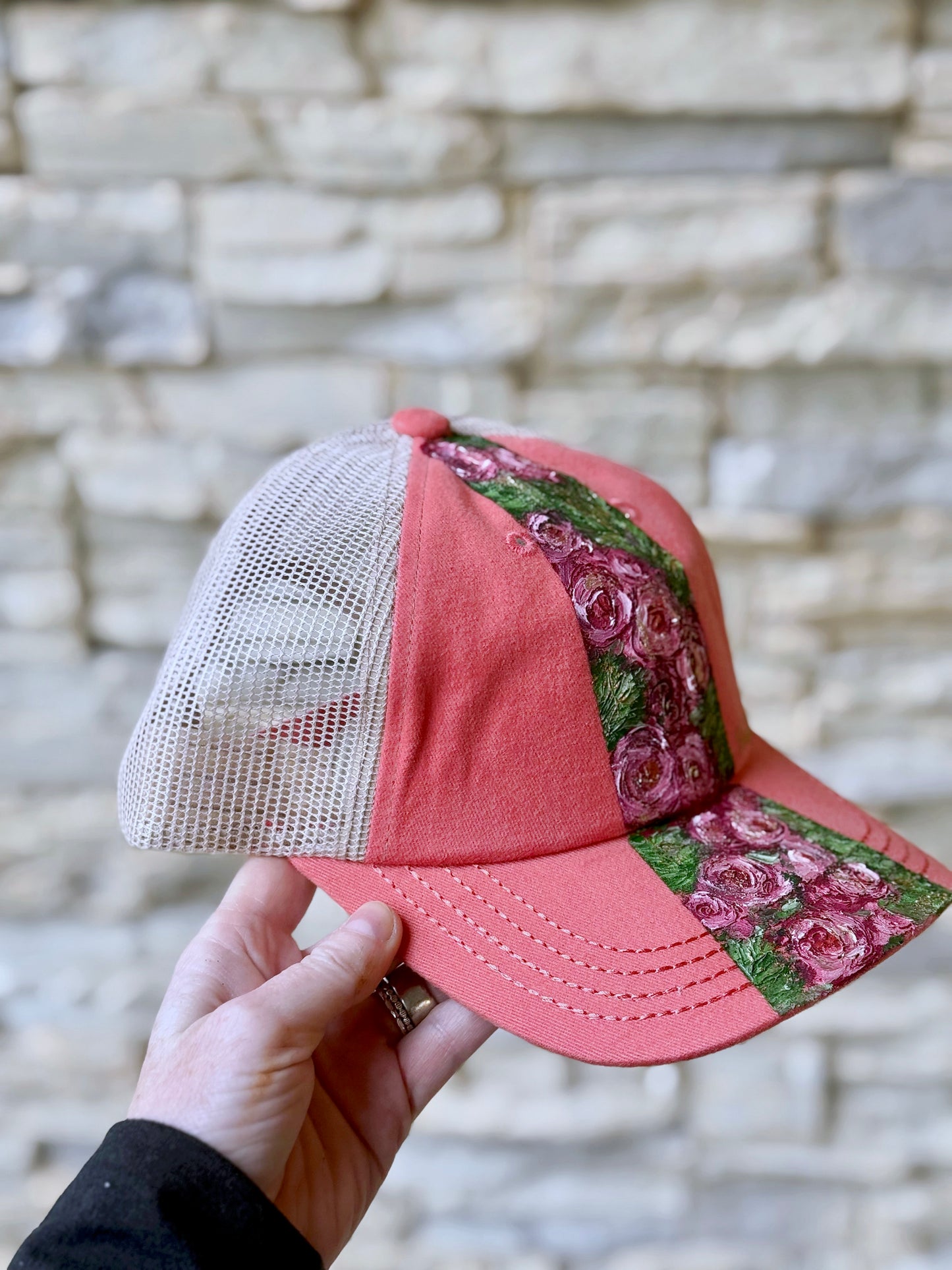 Bring out your girlie side with this hand painted CC baseball hat - coral