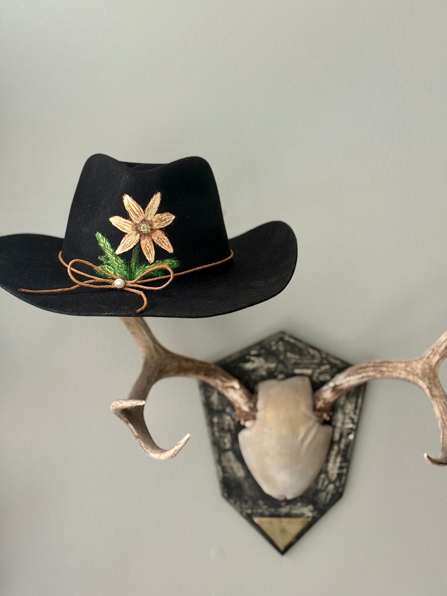 black felt hand painted wide brimmed hat