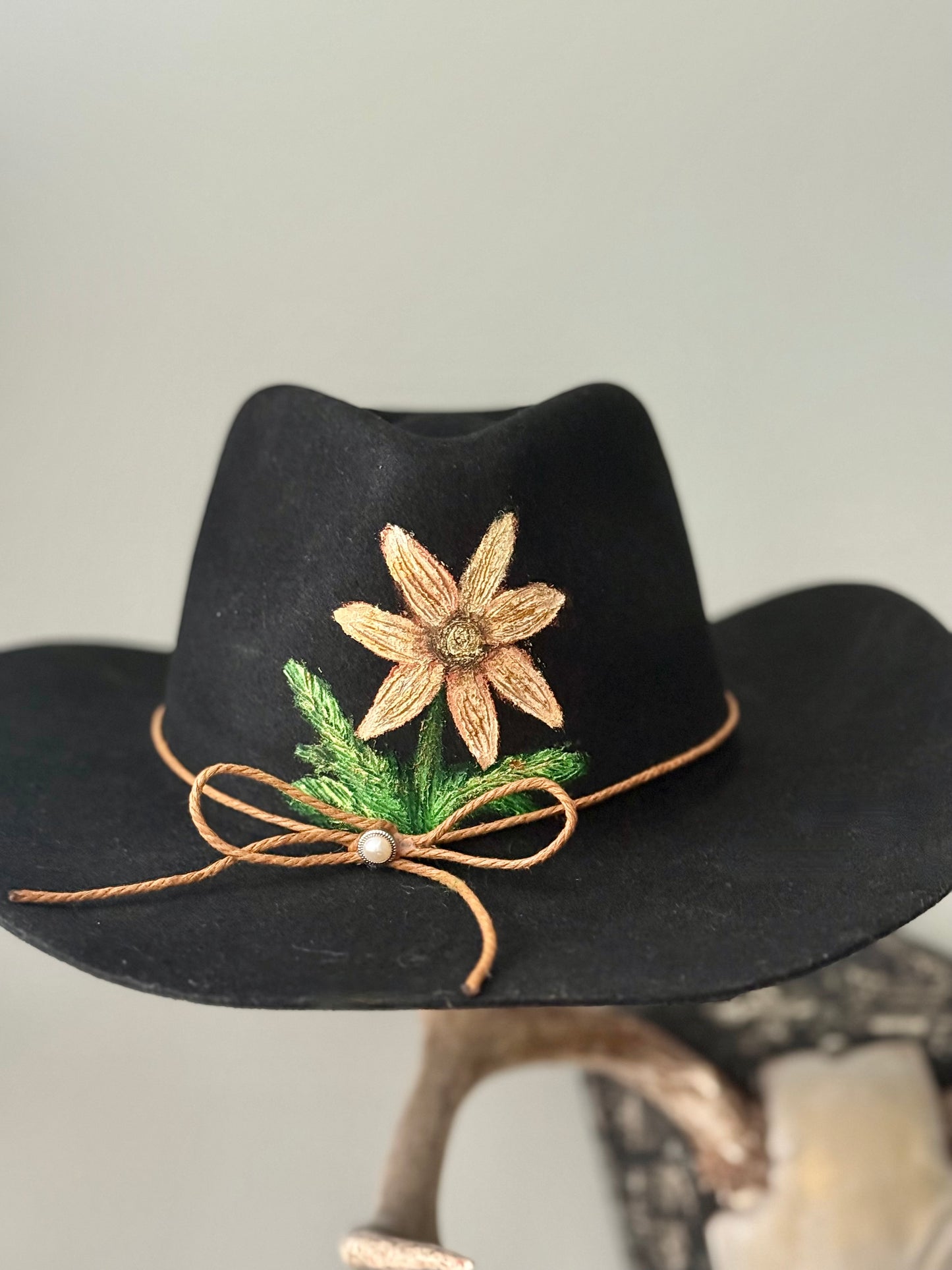 black felt hand painted wide brimmed hat