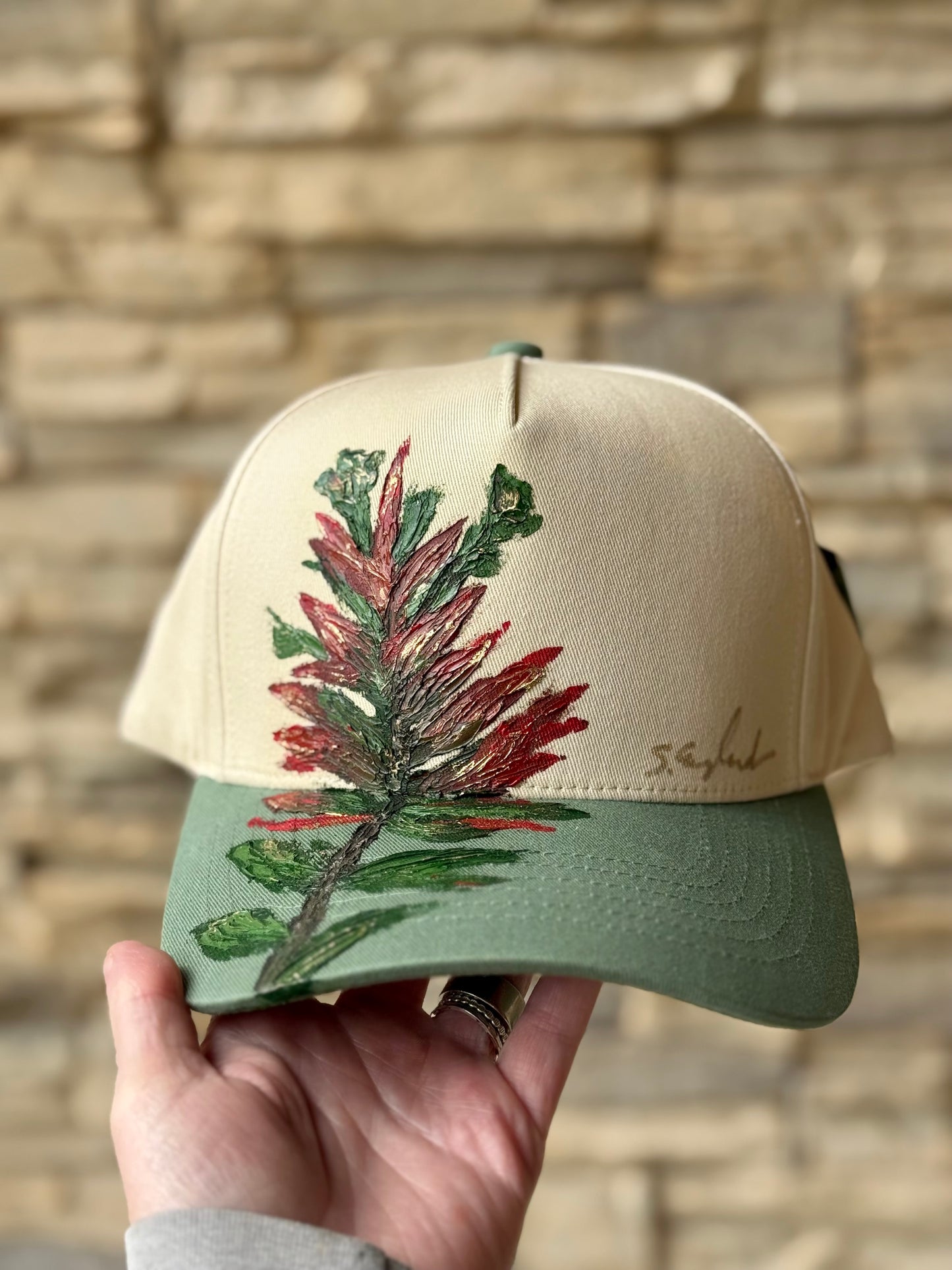 Hand painted canvas trucker hat - cream and light green