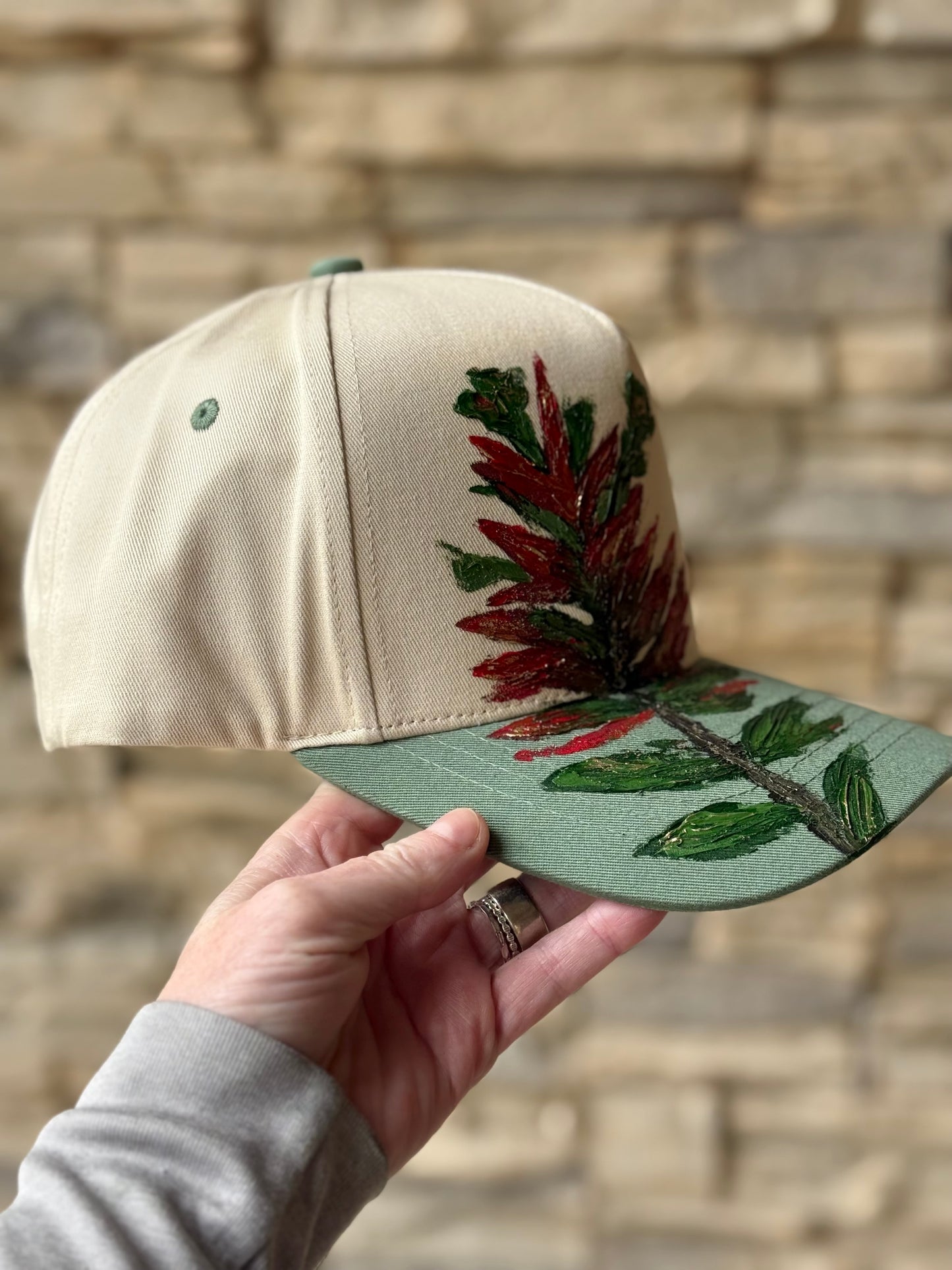 Hand painted canvas trucker hat - cream and light green