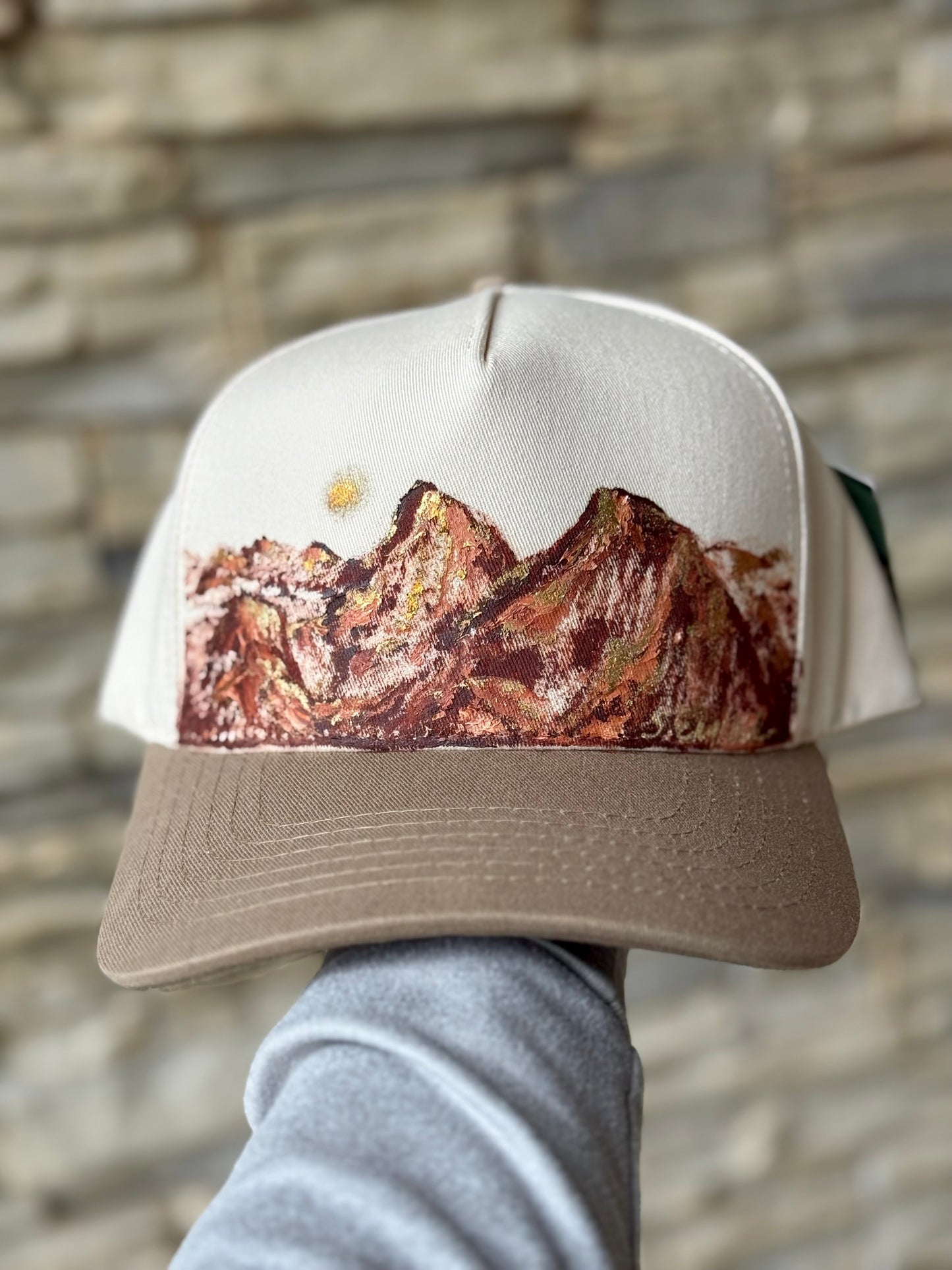 mountain vibes on a canvas trucker hat - cream and light brown