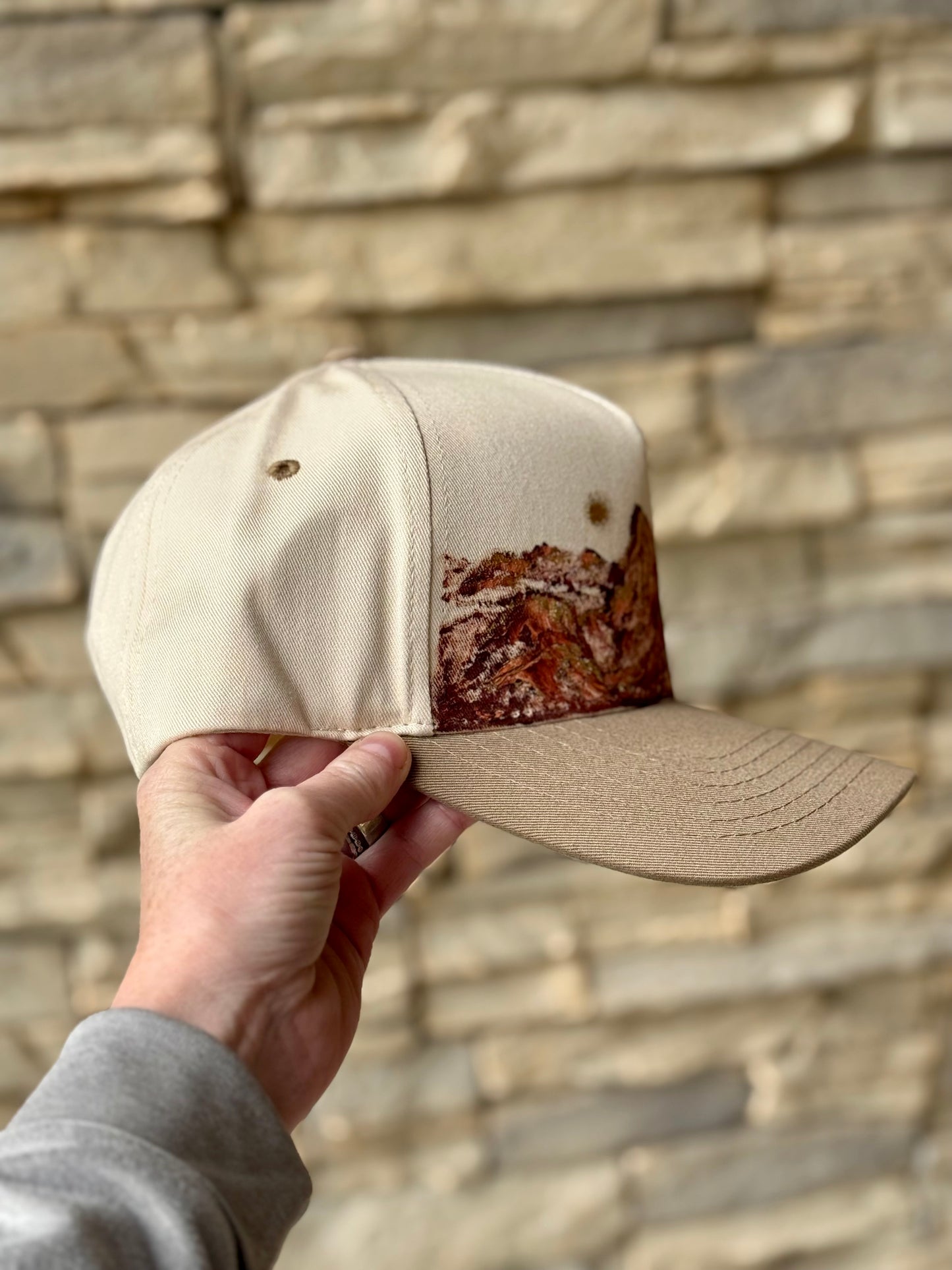 mountain vibes on a canvas trucker hat - cream and light brown