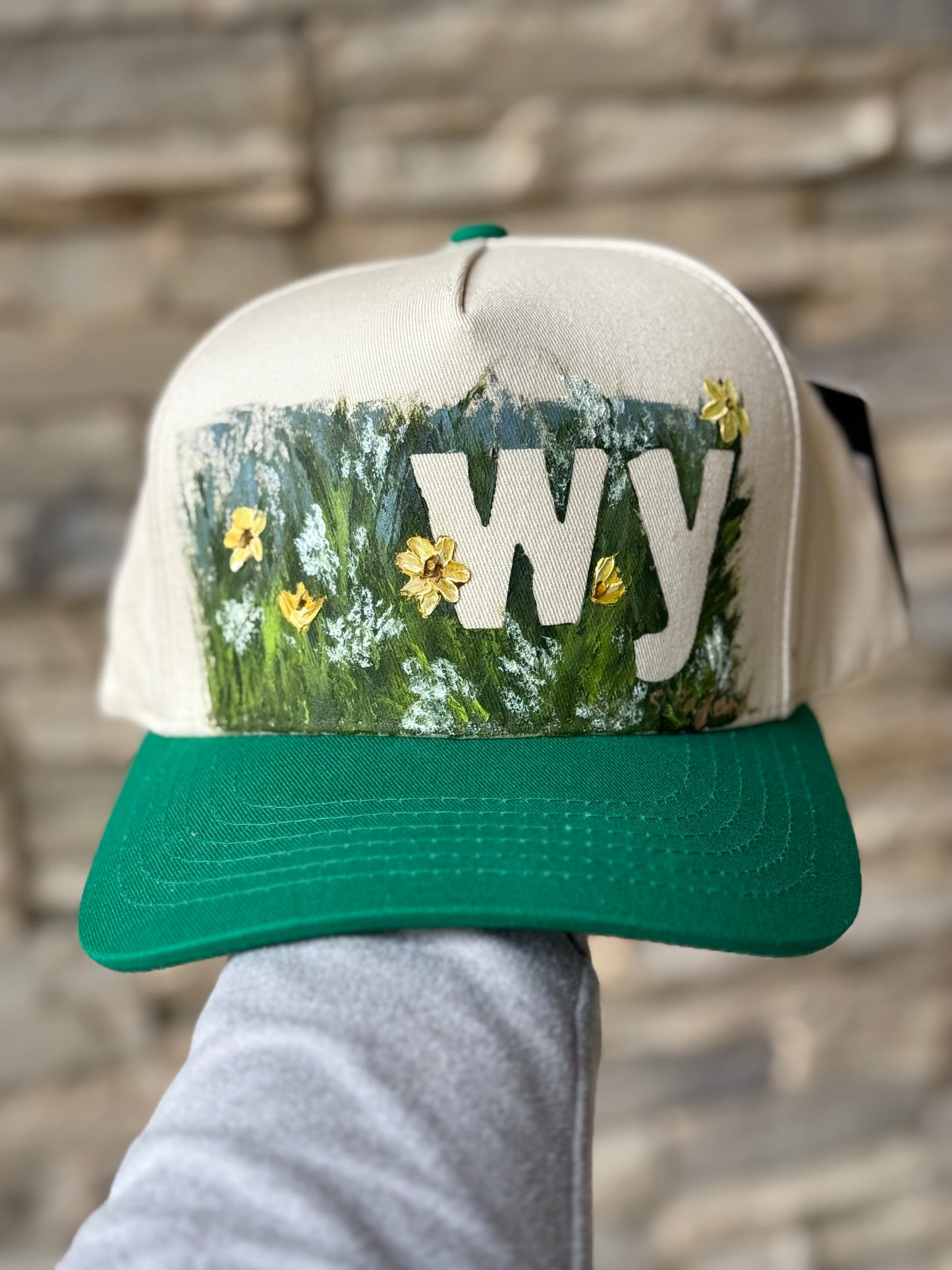 Hand painted canvas trucker hat - cream and grass green