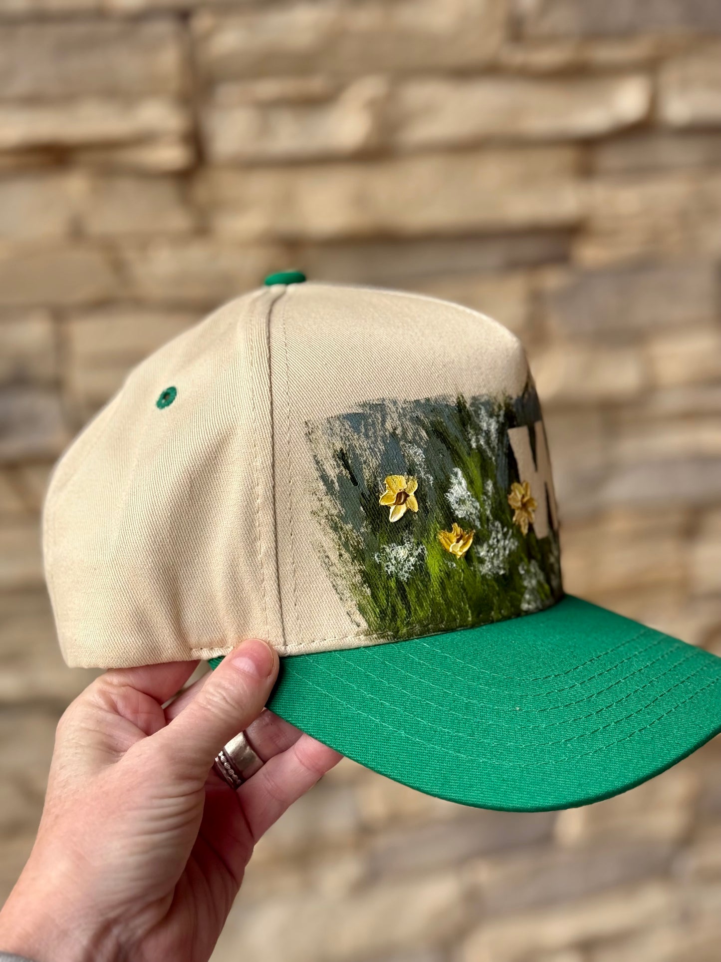 Hand painted canvas trucker hat - cream and grass green