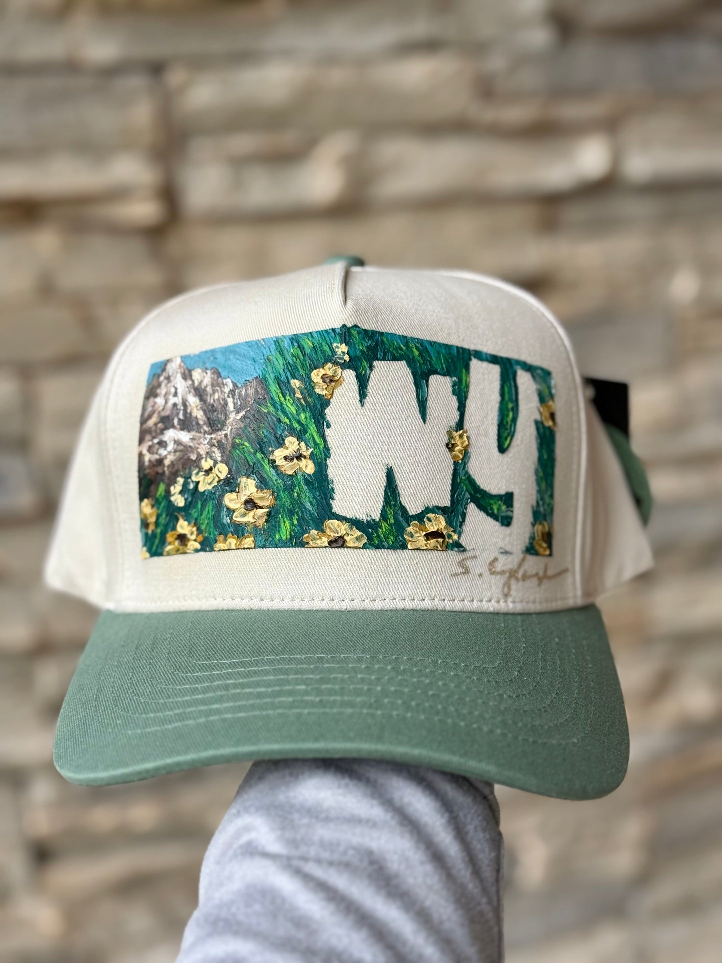 hand painted canvas trucker hat-cream and light green