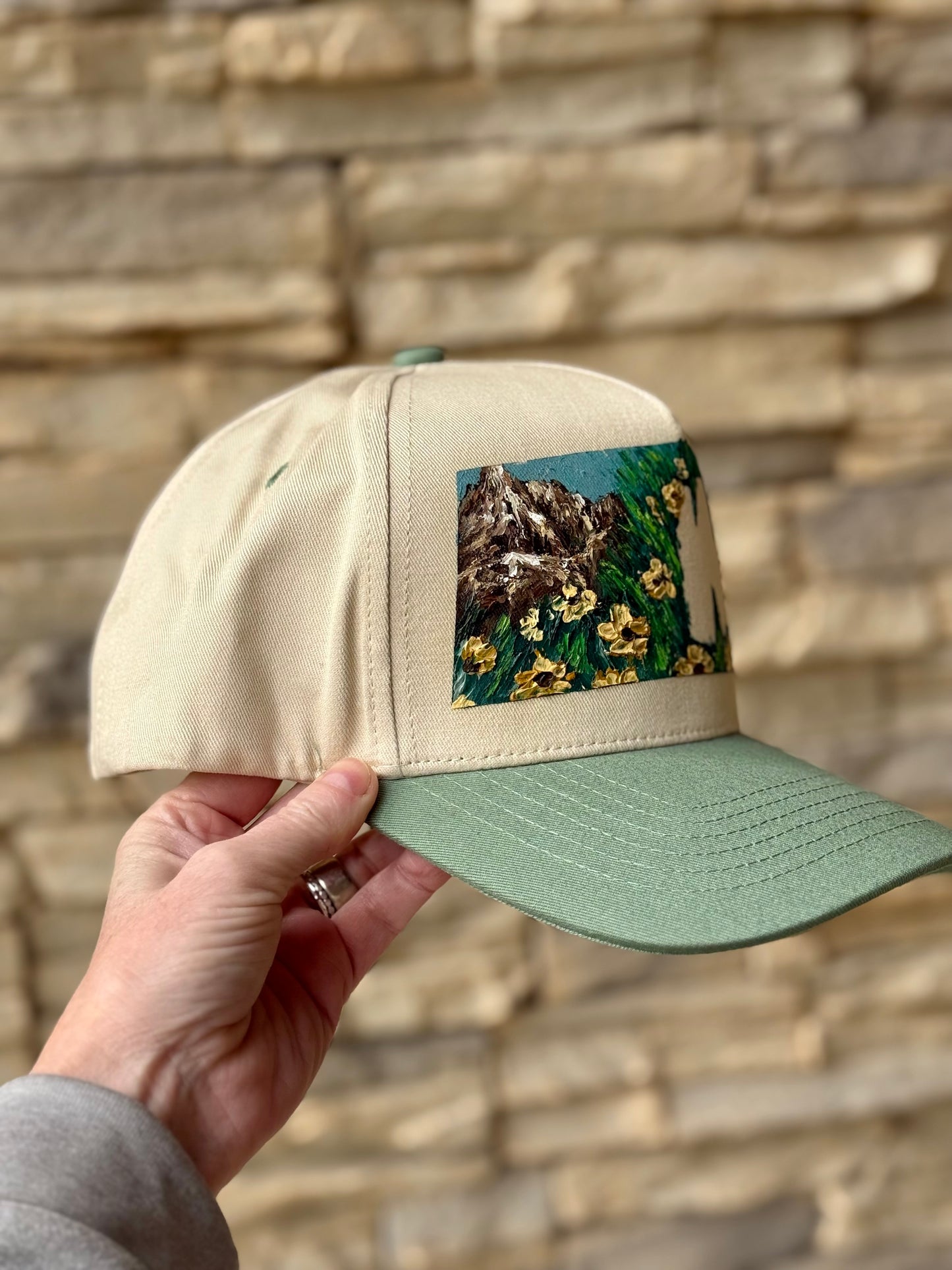 hand painted canvas trucker hat-cream and light green