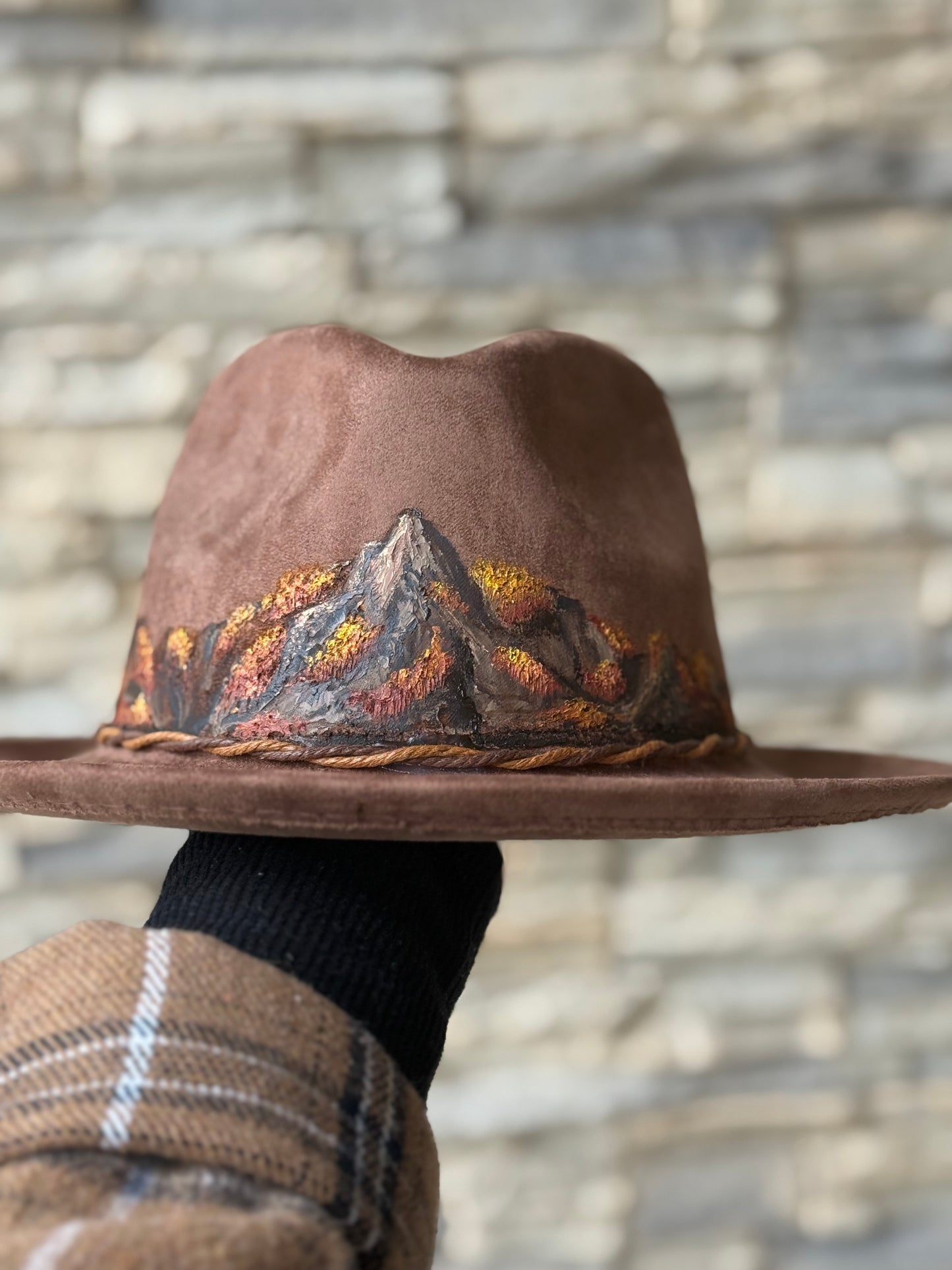 Brown vegan suede rancher hat - hand painted