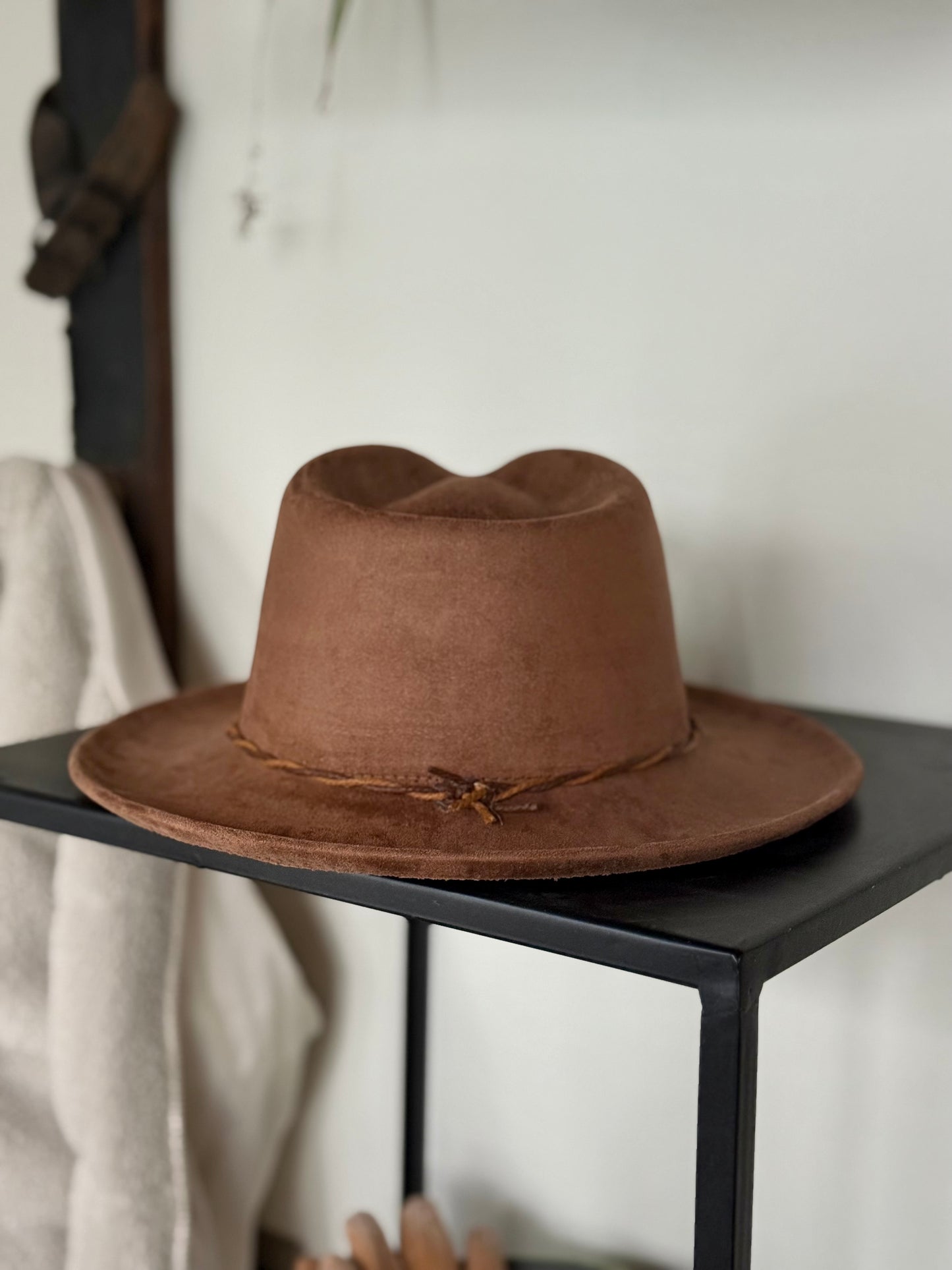 Brown vegan suede rancher hat - hand painted