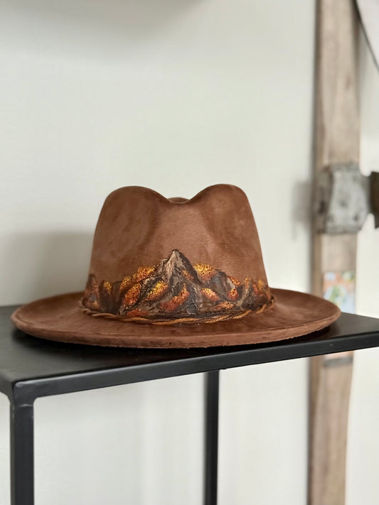 Brown vegan suede rancher hat - hand painted