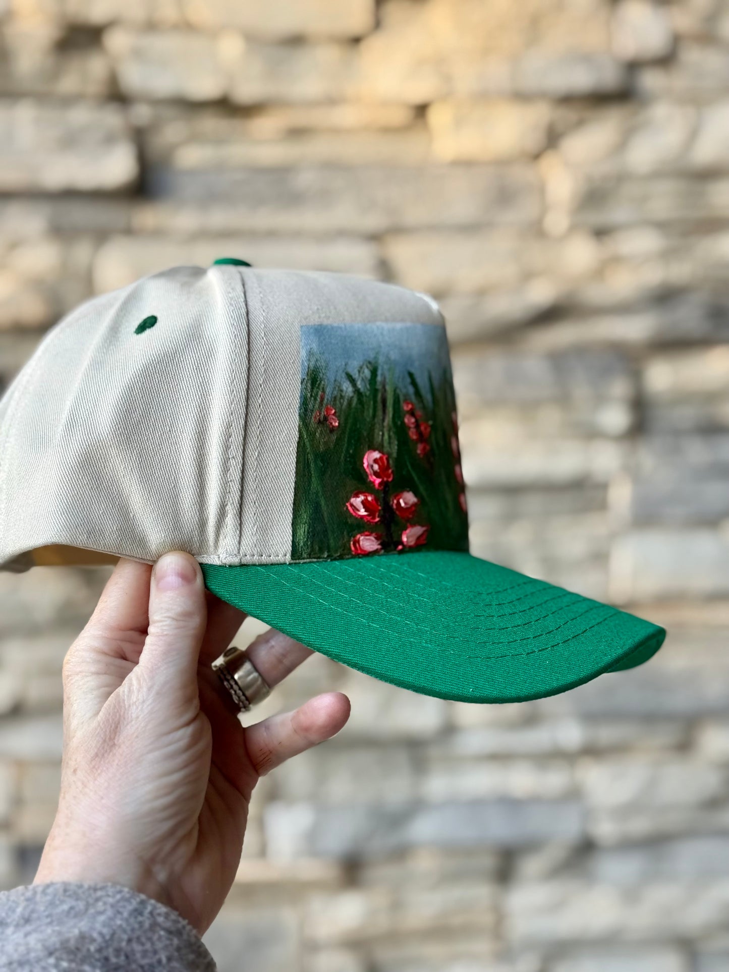 Hand painted canvas trucker hat - green and cream
