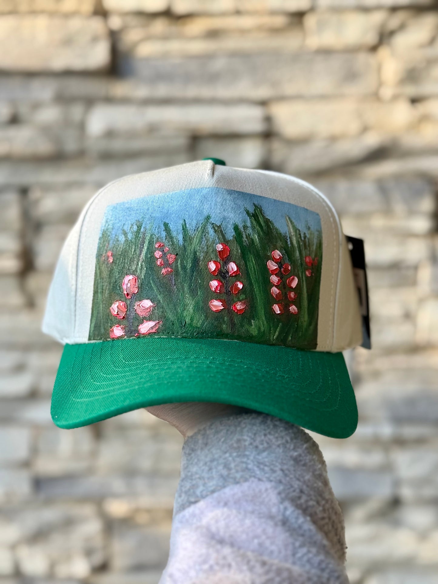 Hand painted canvas trucker hat - green and cream