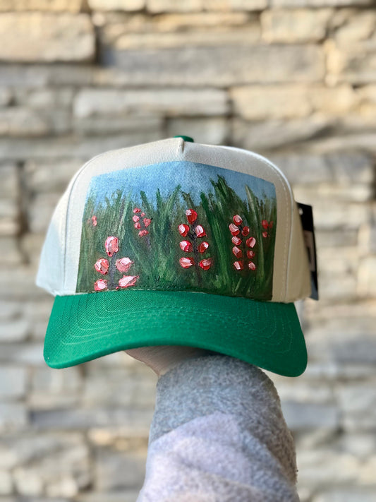 Hand painted canvas trucker hat - green and cream