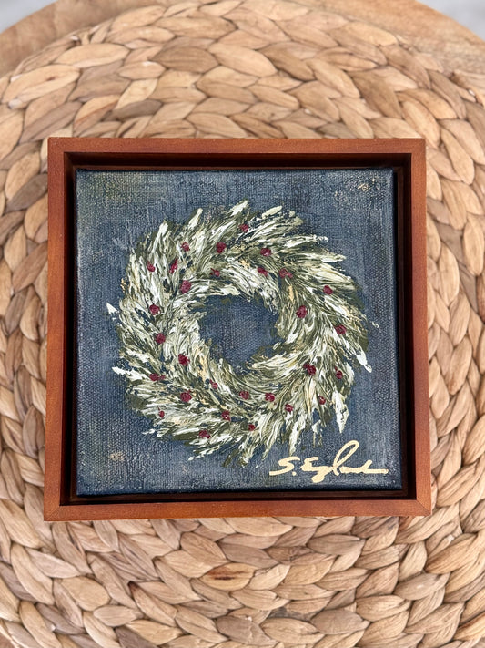 Wreath art 6x6" canvas with 1 1/2 deep walnut floating frame