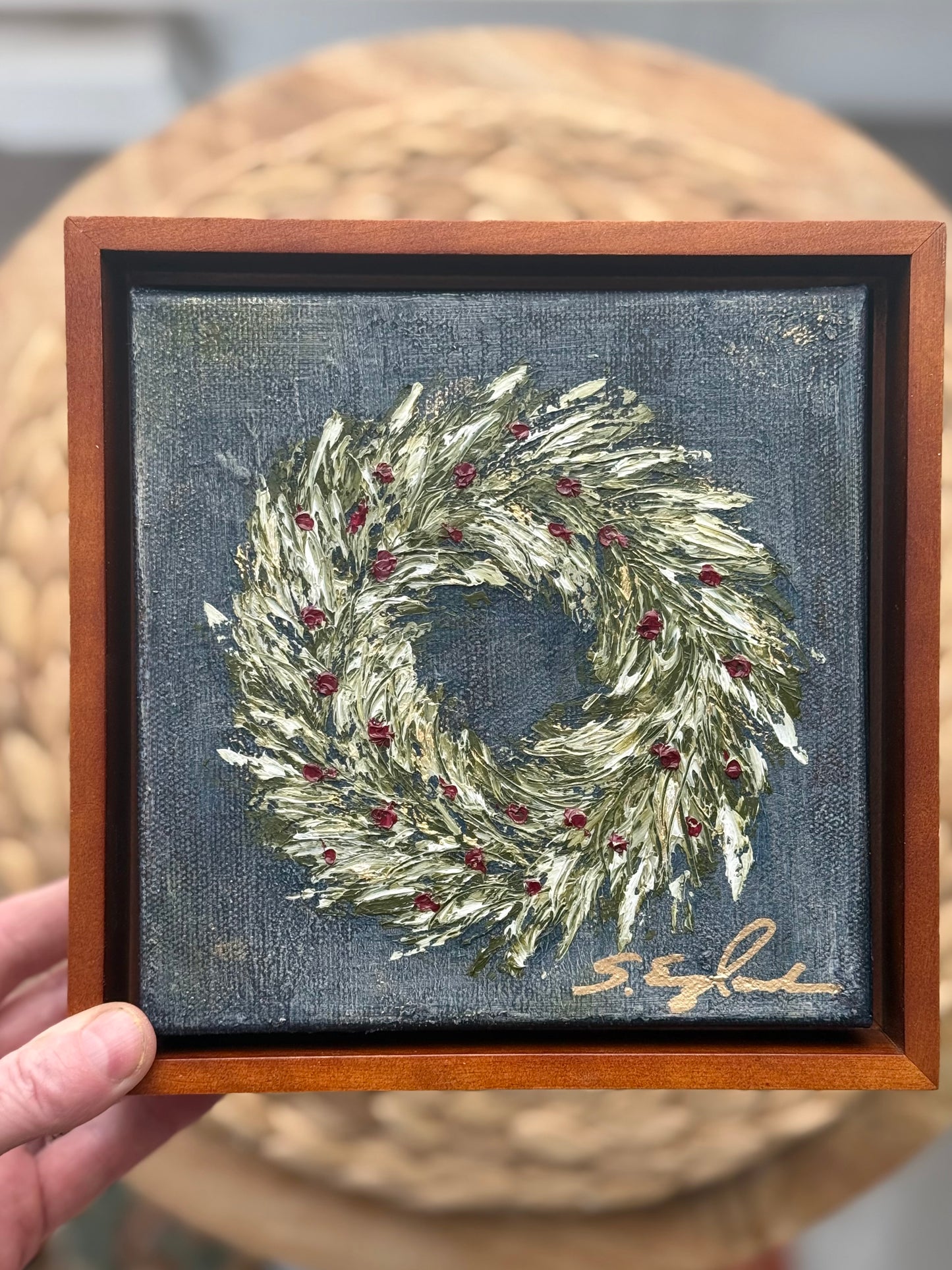Wreath art 6x6" canvas with 1 1/2 deep walnut floating frame