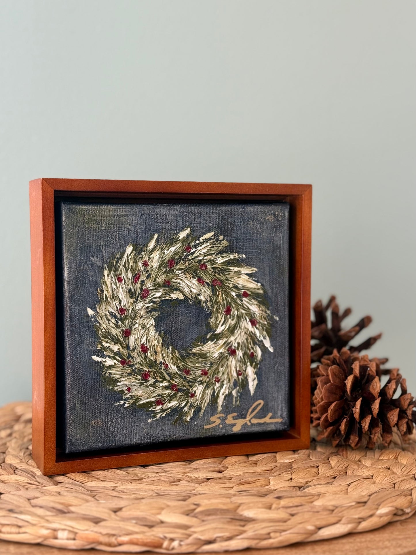 Wreath art 6x6" canvas with 1 1/2 deep walnut floating frame