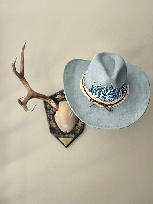 Soft blue vegan suede hat - hand painted