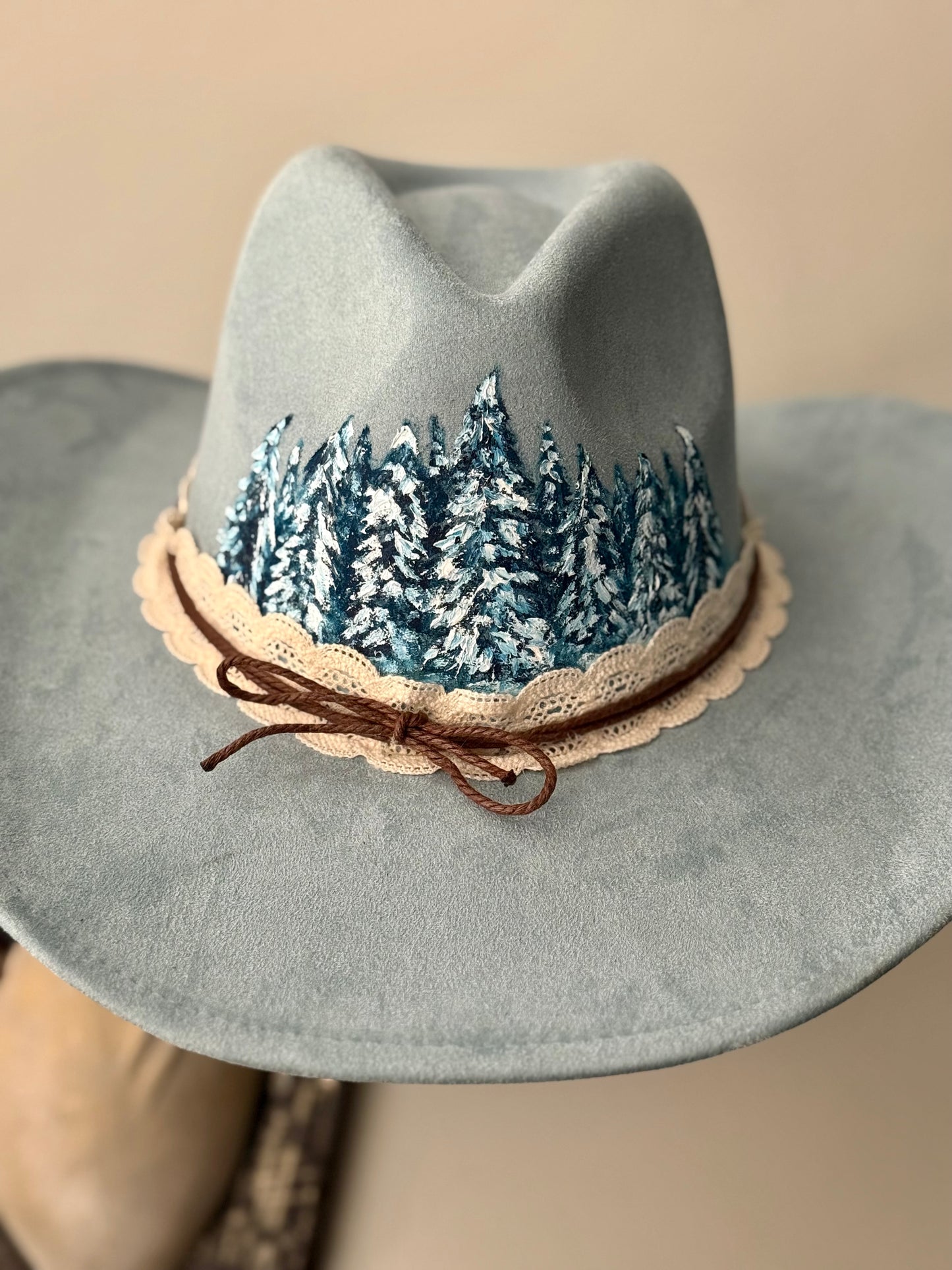 Soft blue vegan suede hat - hand painted