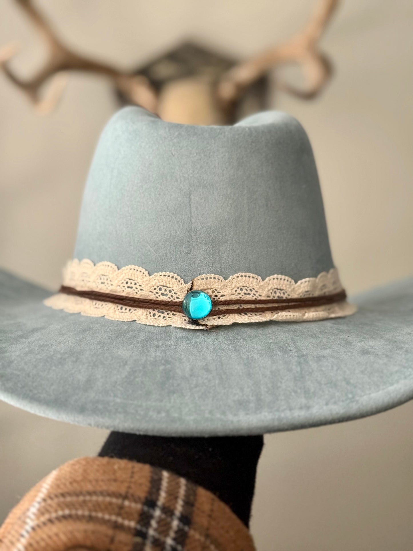 Soft blue vegan suede hat - hand painted