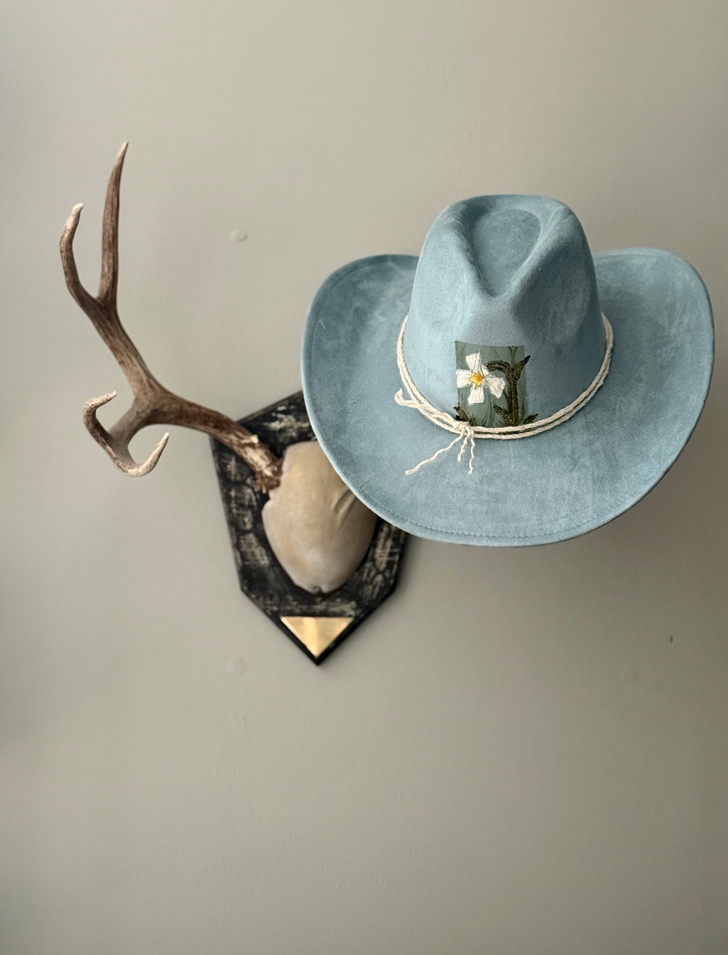 Hand painted blue vegan suede hat