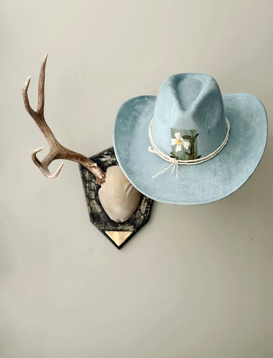 Elevate your style in blue suede, vegan blue suede.Hand painted and decorated