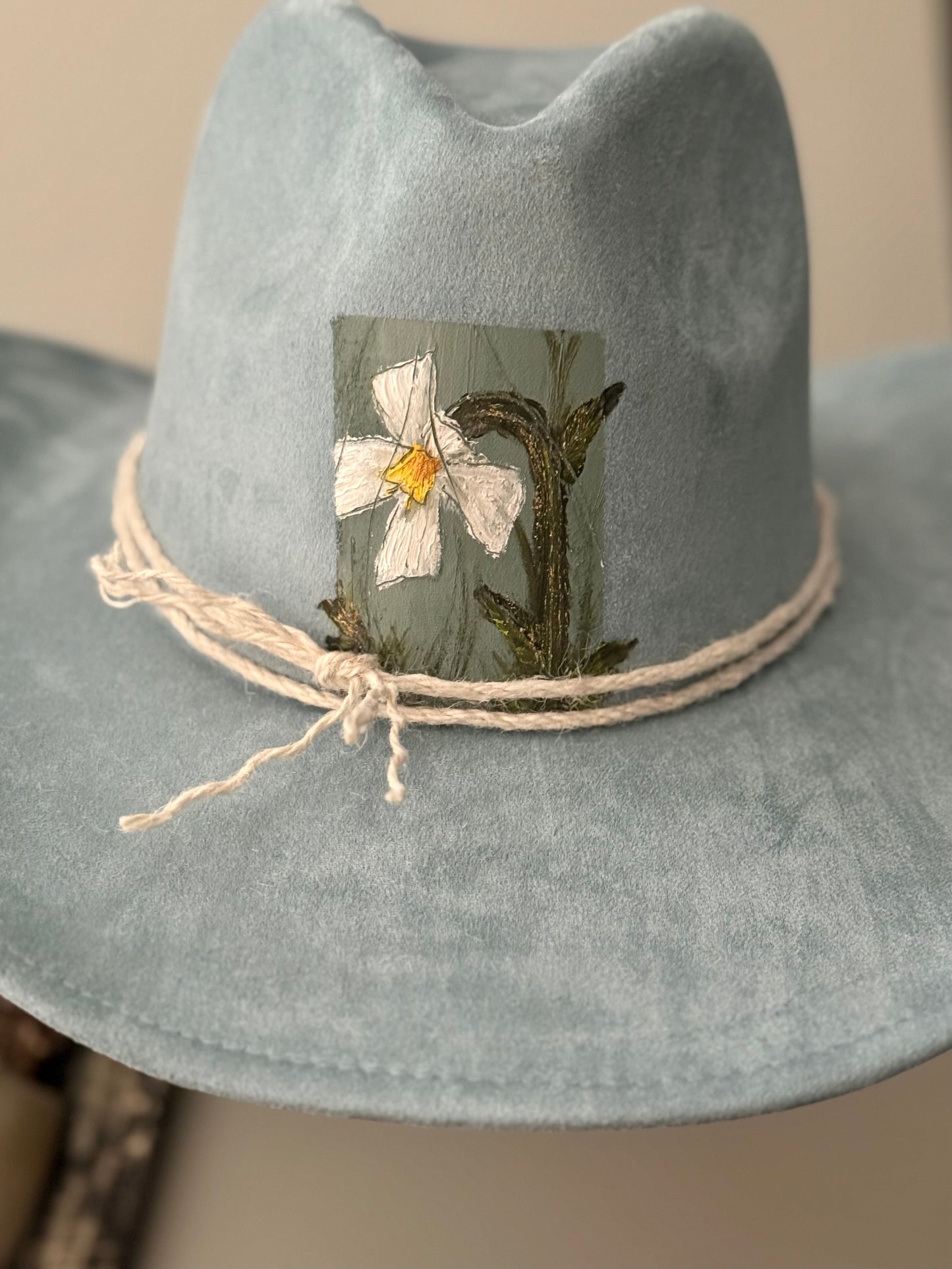 Hand painted blue vegan suede hat