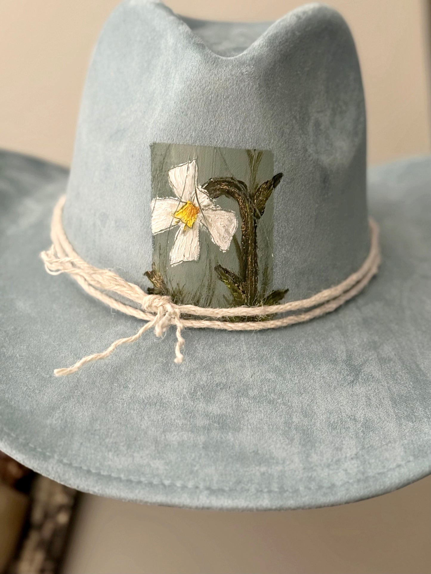 Elevate your style in blue suede, vegan blue suede.Hand painted and decorated