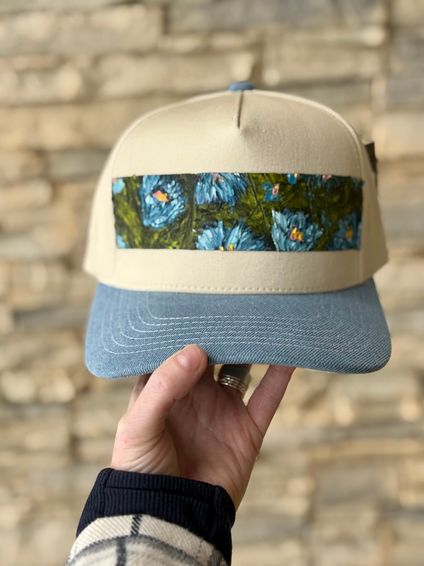 Wearable art C.C. canvas trucker hat demin and cream