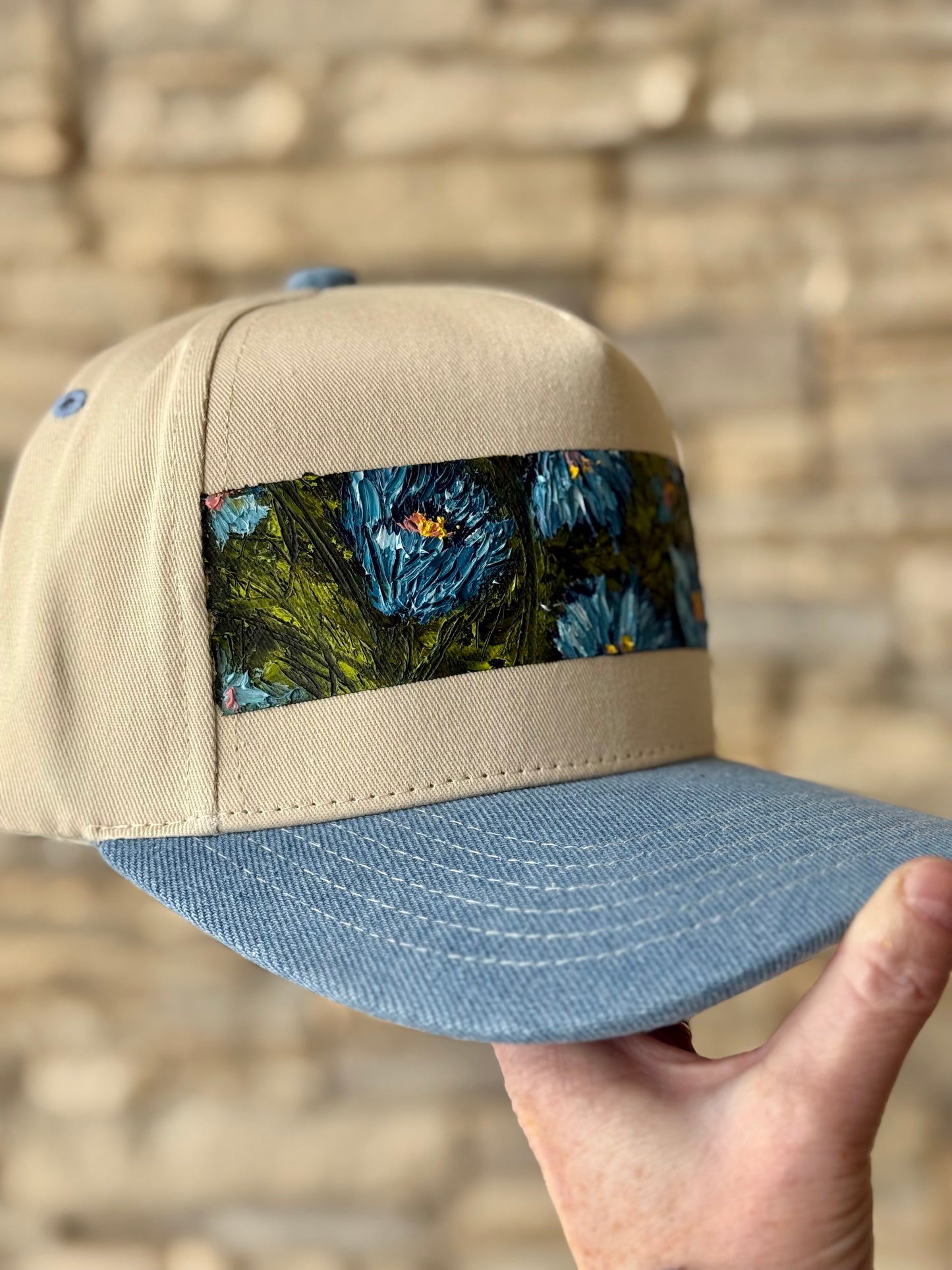Wearable art C.C. canvas trucker hat demin and cream