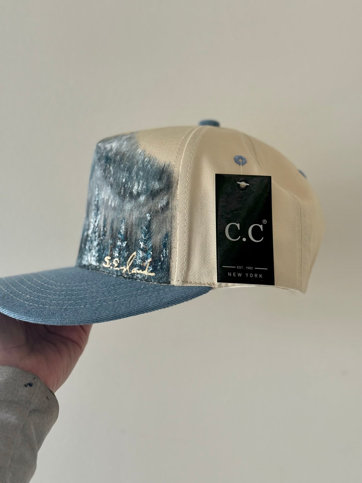 Hand painted cream and denim trucker hat