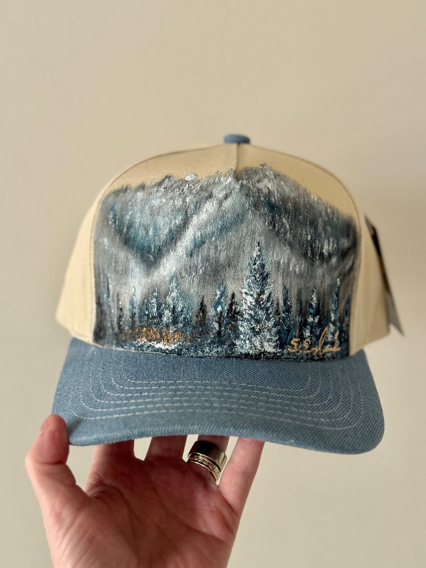 Hand painted cream and denim trucker hat