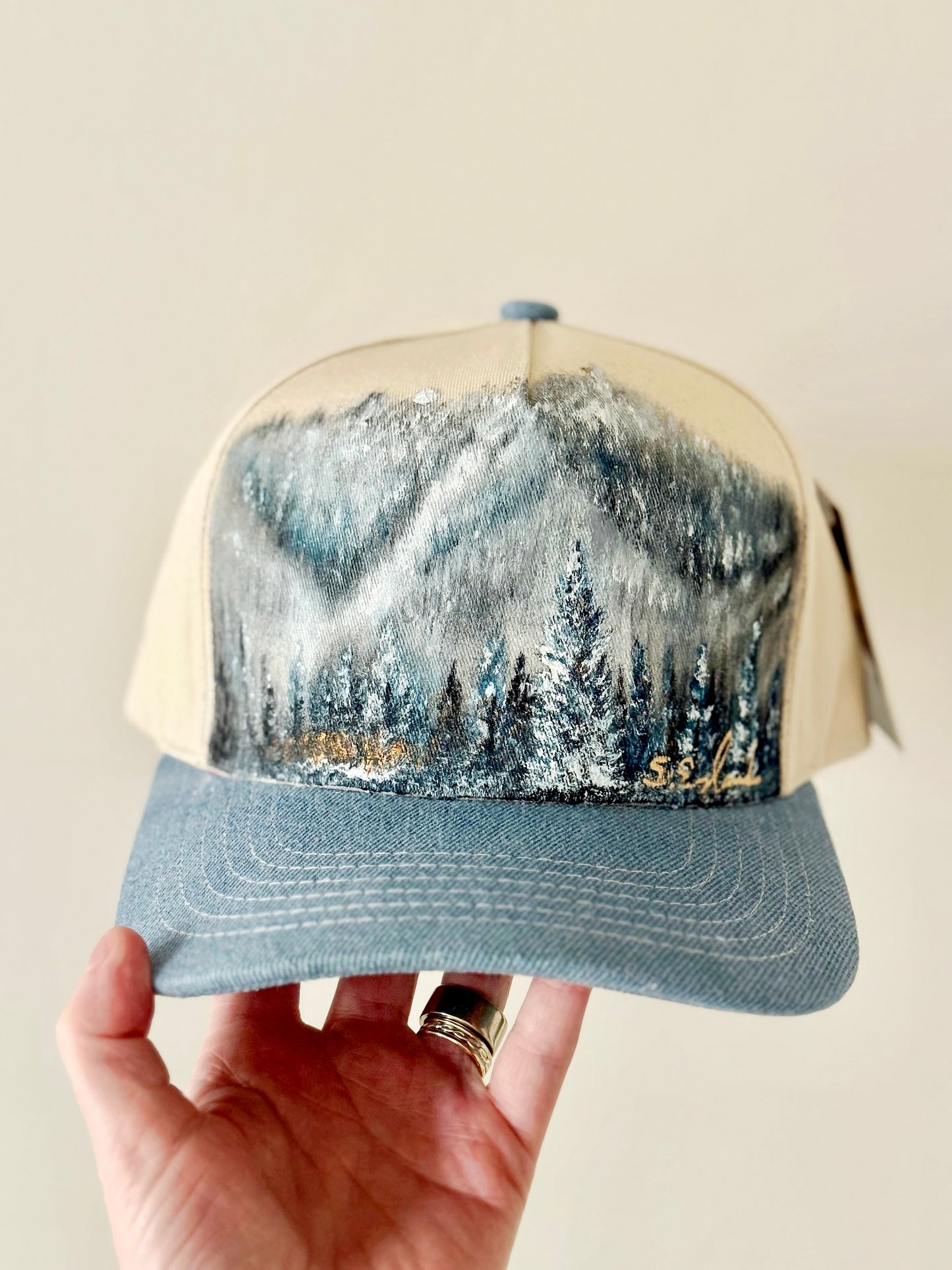 Not all that wander are lost hand painted cream and denim CC canvas trucker hat