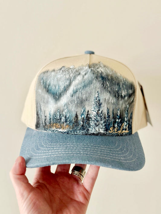 Not all that wander are lost hand painted cream and denim CC canvas trucker hat
