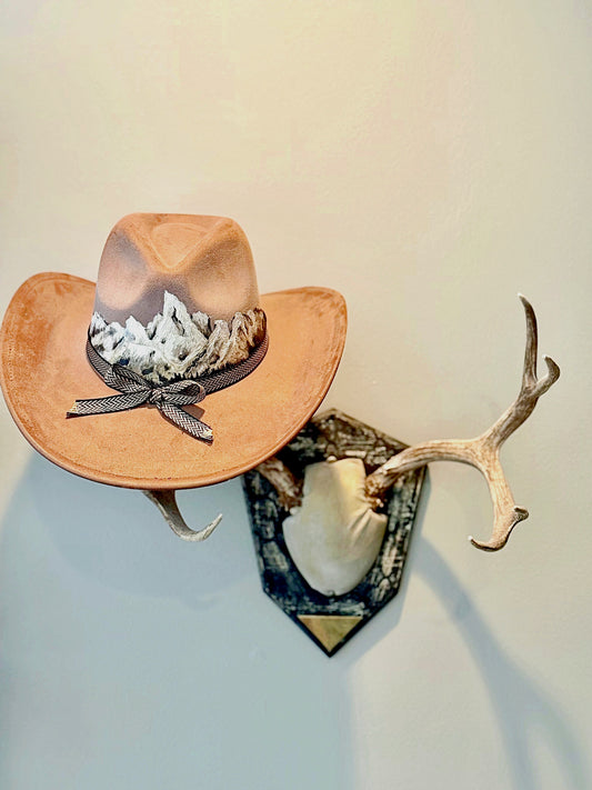Hand painted, teton inspired faux brown suede hat