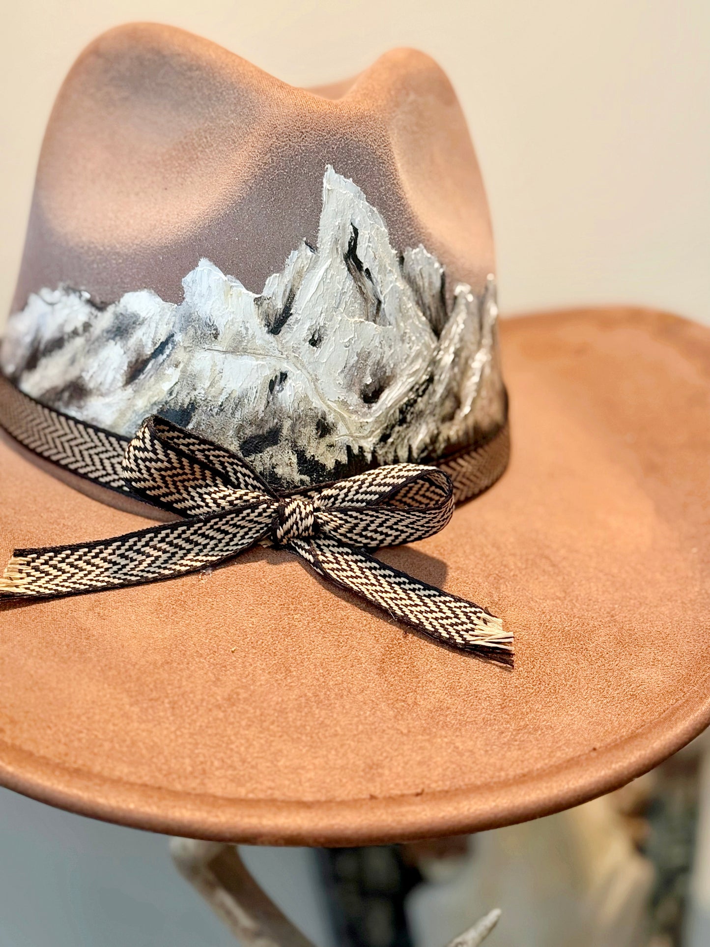 Hand painted, teton inspired faux brown suede hat