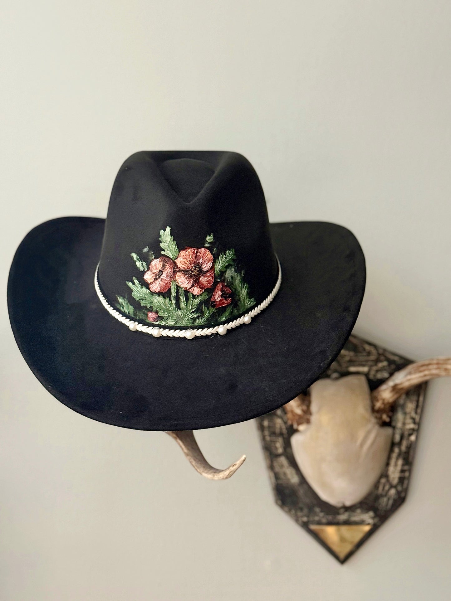 Hand painted faux suede black hat