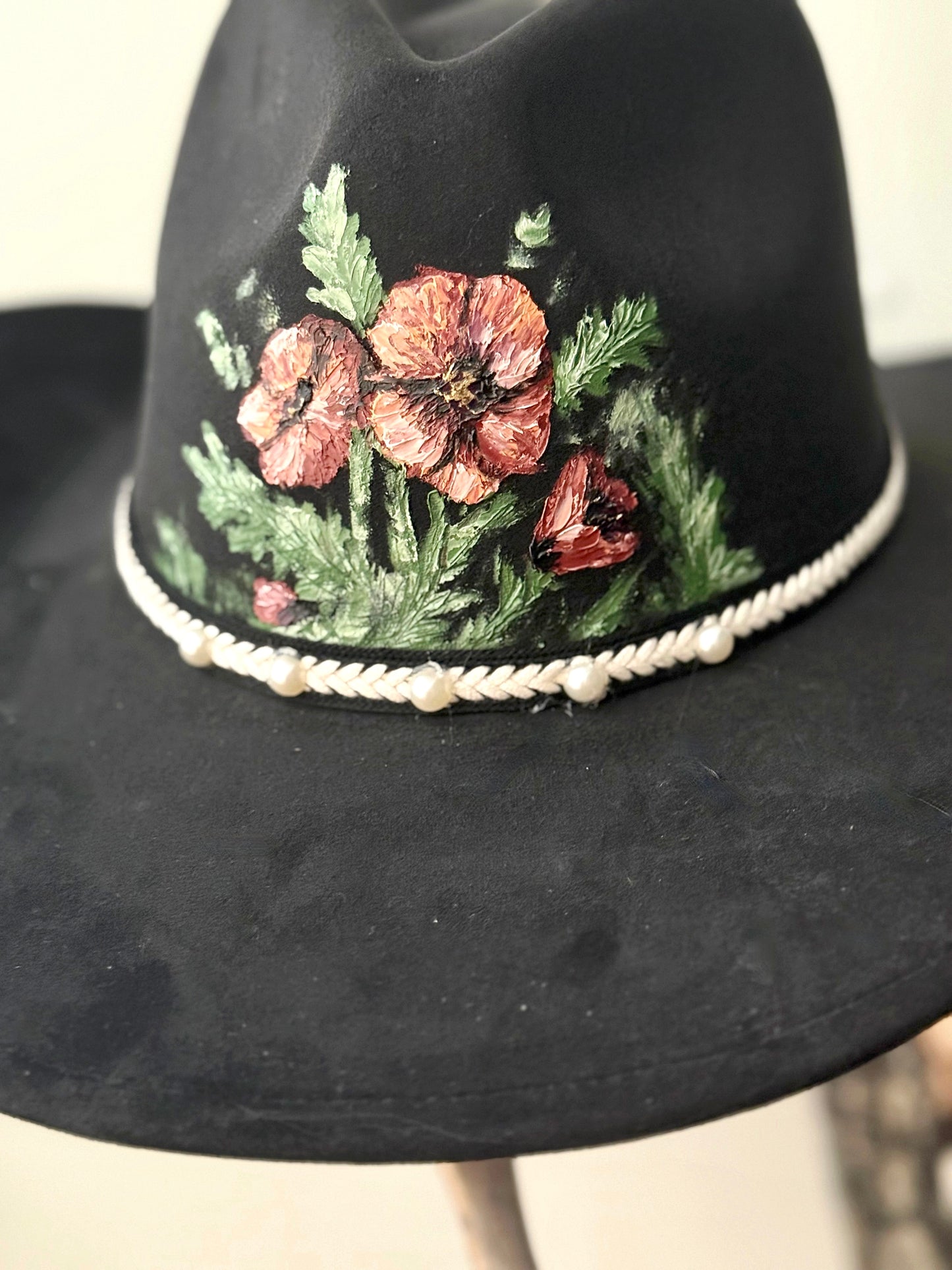 Hand painted faux suede black hat