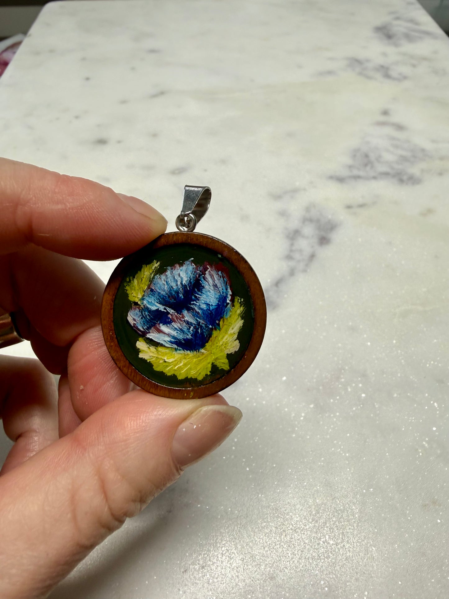 Hand painted blue poppy necklace