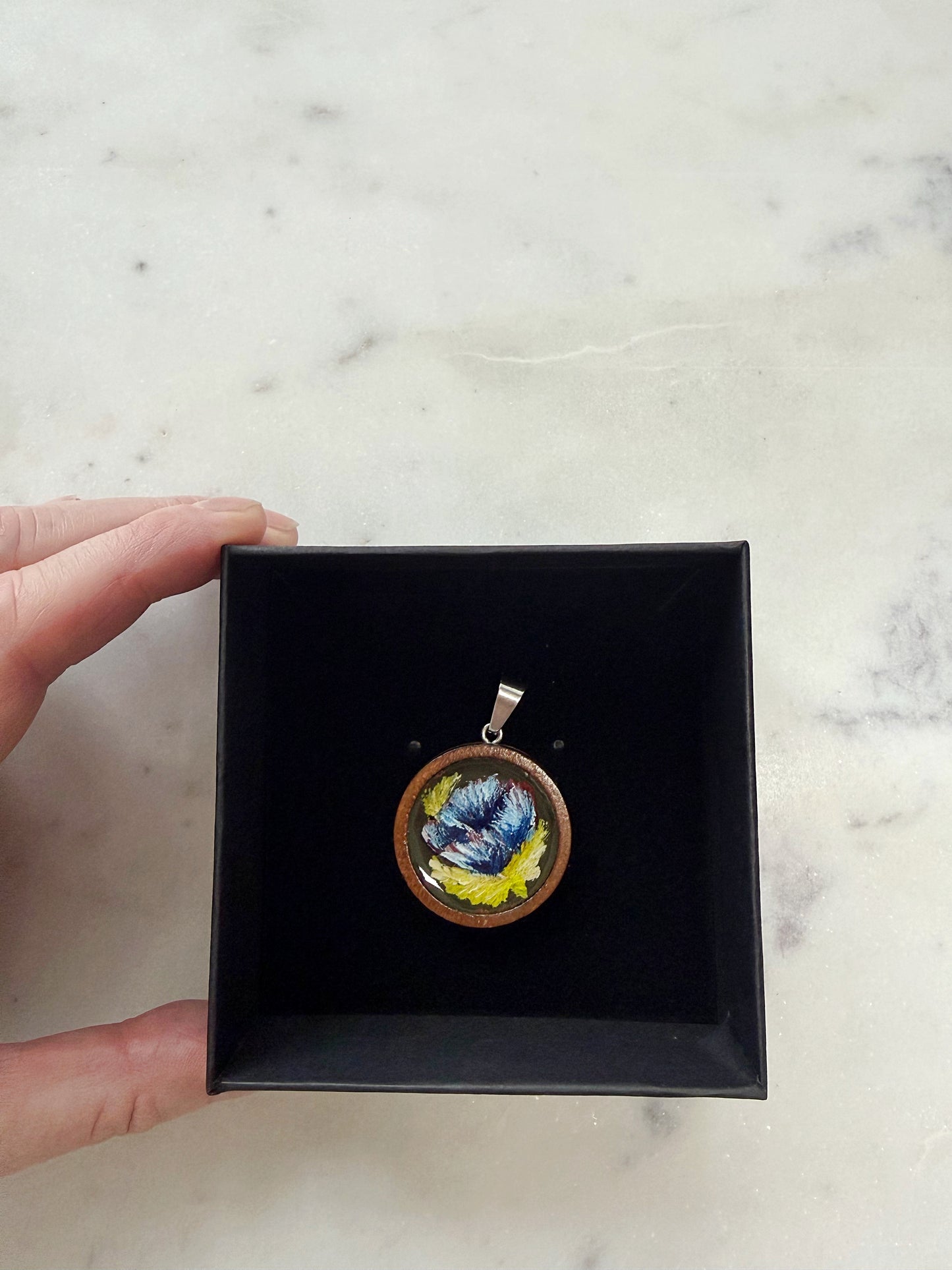 Hand painted blue poppy necklace