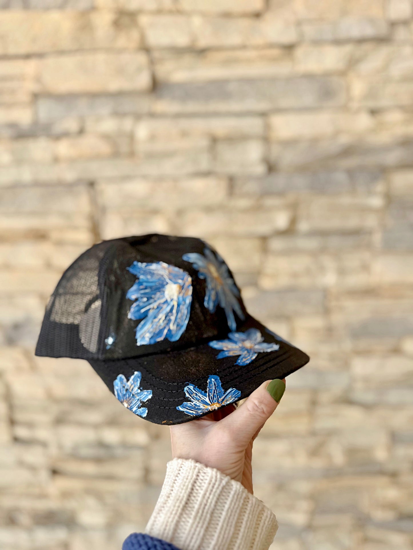 You won't be blue in this hand painted black canvas baseball cap