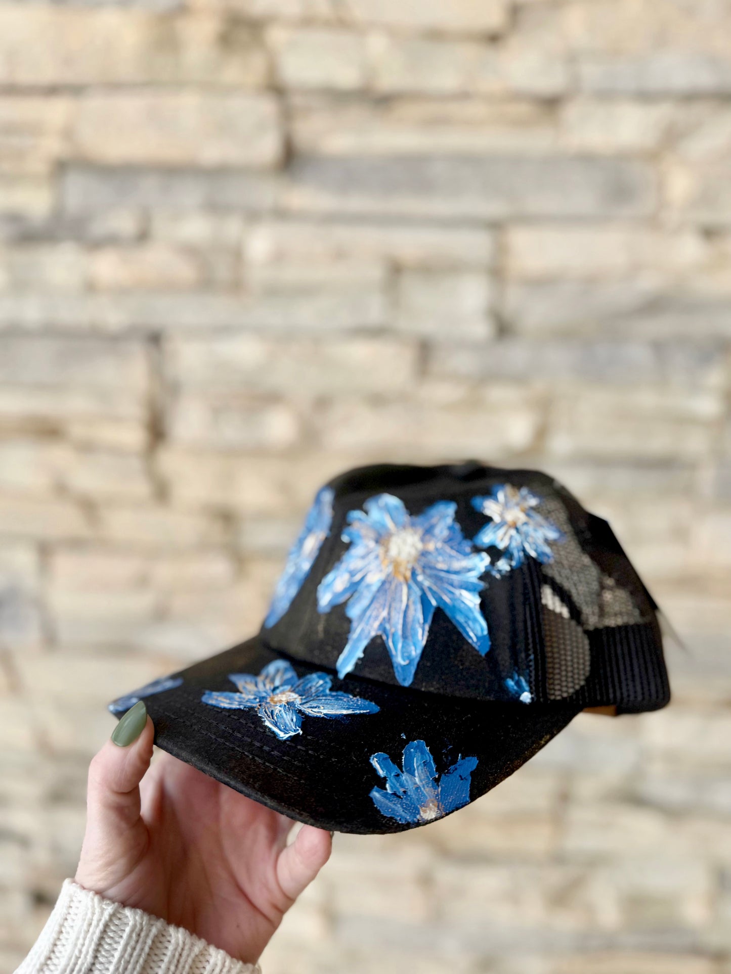 You won't be blue in this hand painted black canvas baseball cap
