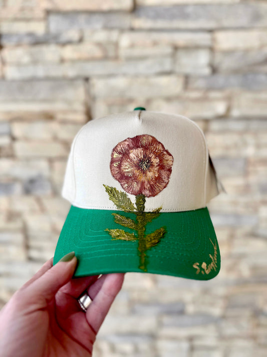 Feeling simple?  Elevate your style with this hand painted poppy trucker hat